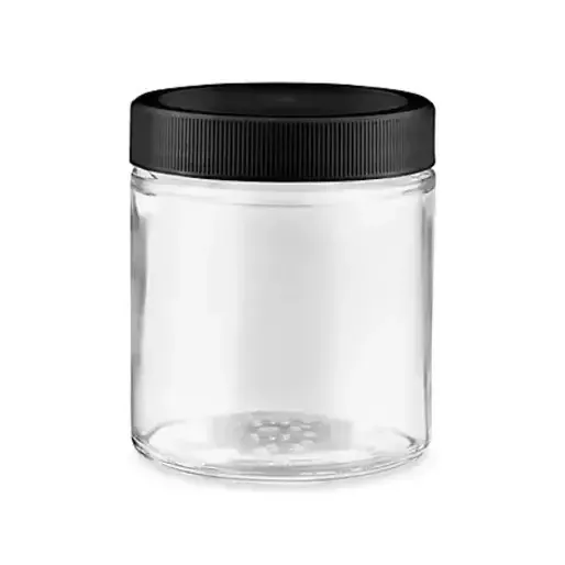 Borcan de depozitare din sticlă transparentă de 4 oz cu capac negru cu șurub Borcan de depozitare din sticlă transparentă de 4 oz cu capac negru cu șurub